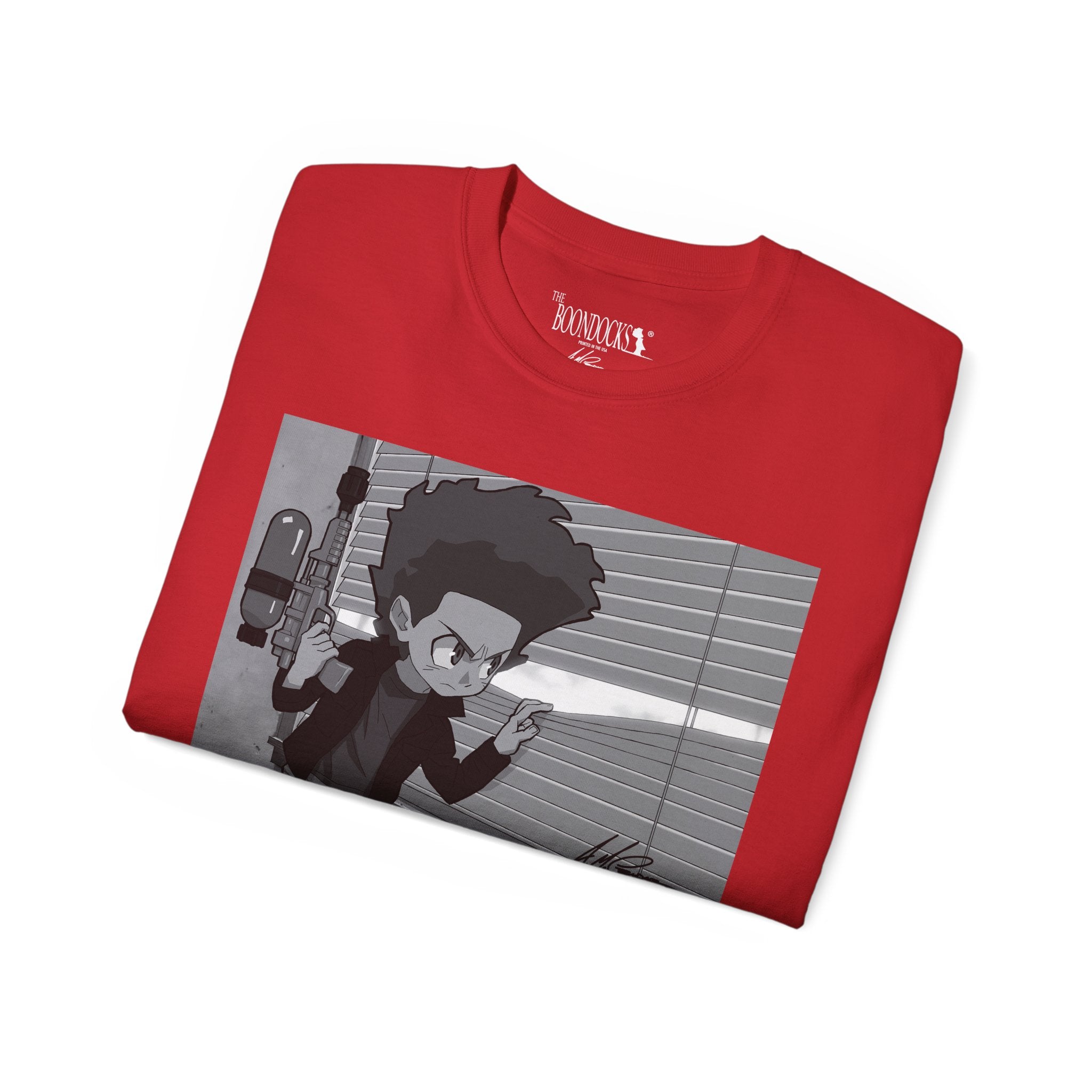 The Boondocks - Camiseta ecológica blanca y negra de Huey Packing Heat