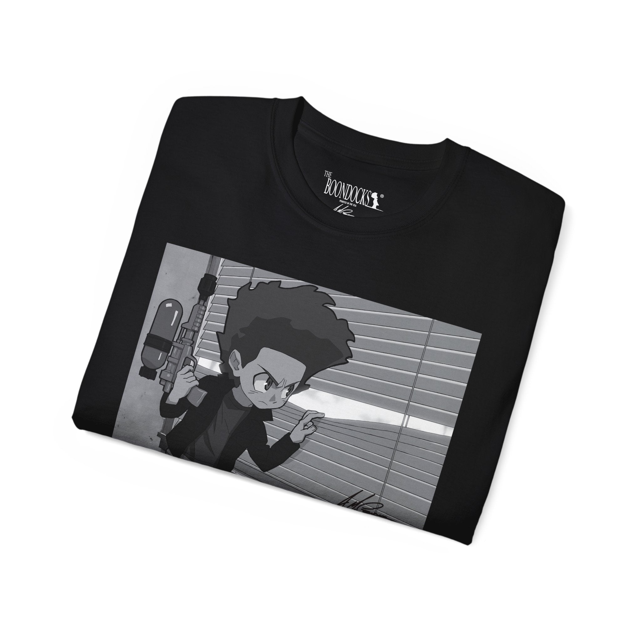 The Boondocks - Camiseta ecológica blanca y negra de Huey Packing Heat
