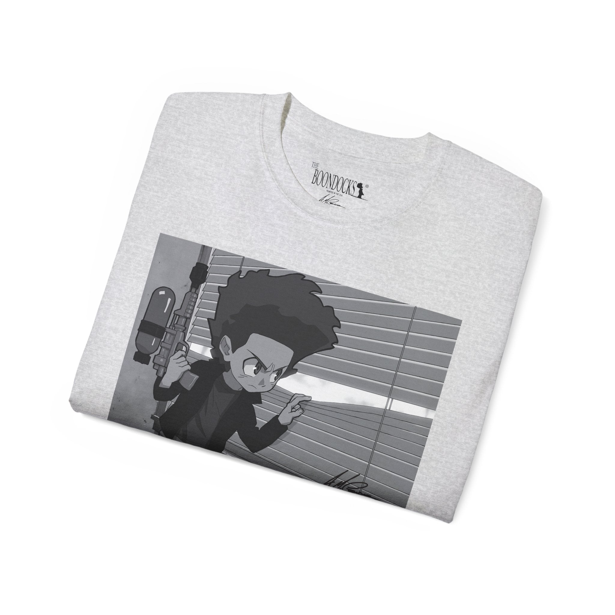 The Boondocks - Camiseta ecológica blanca y negra de Huey Packing Heat
