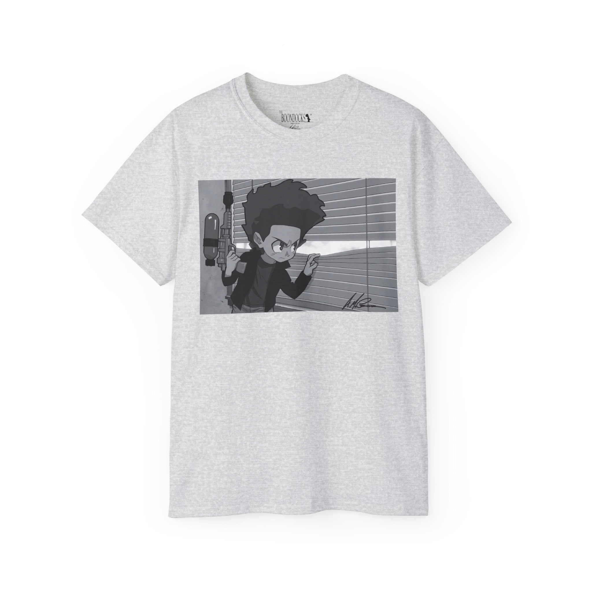 The Boondocks - Camiseta ecológica blanca y negra de Huey Packing Heat