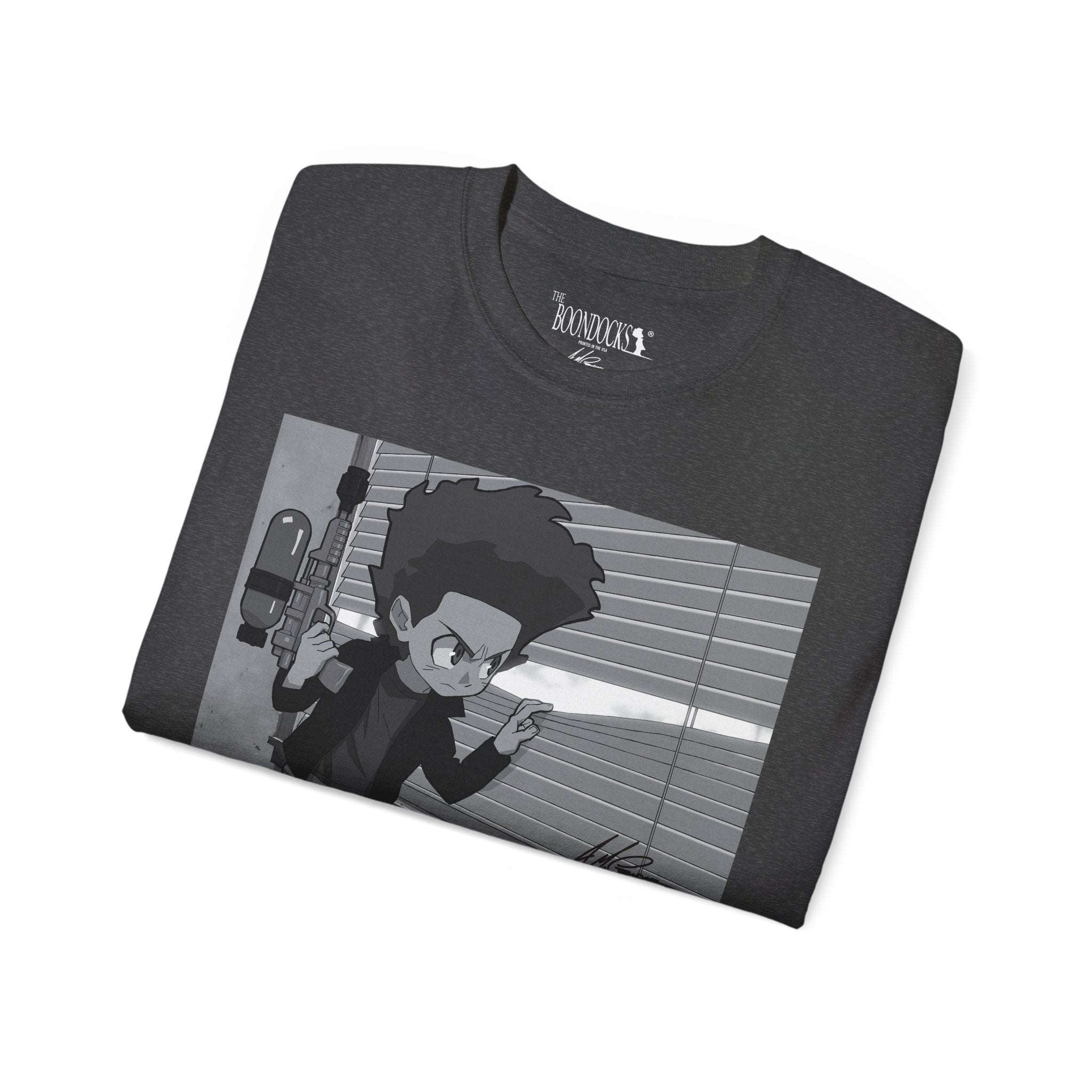 The Boondocks - Camiseta ecológica blanca y negra de Huey Packing Heat