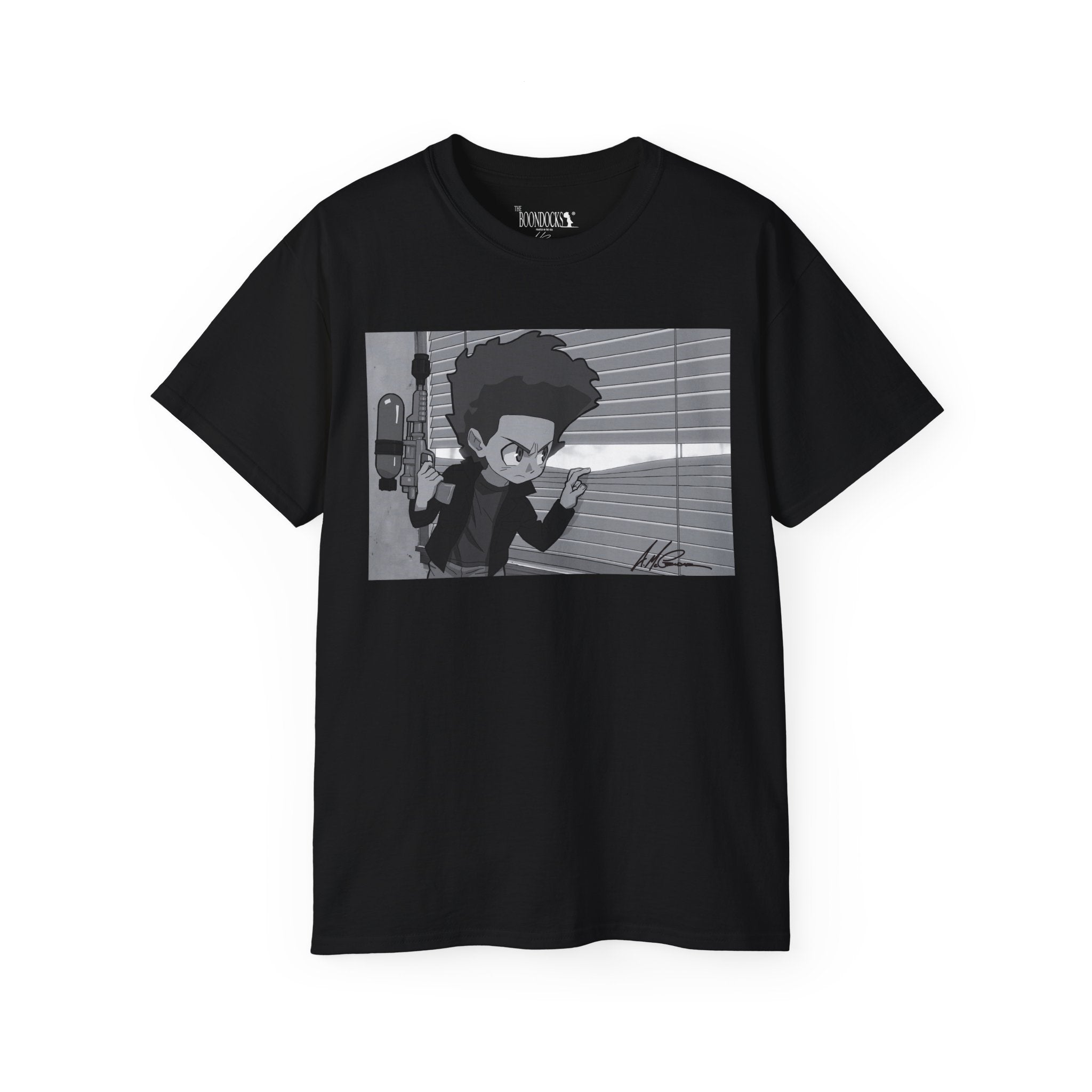 The Boondocks - Camiseta ecológica blanca y negra de Huey Packing Heat