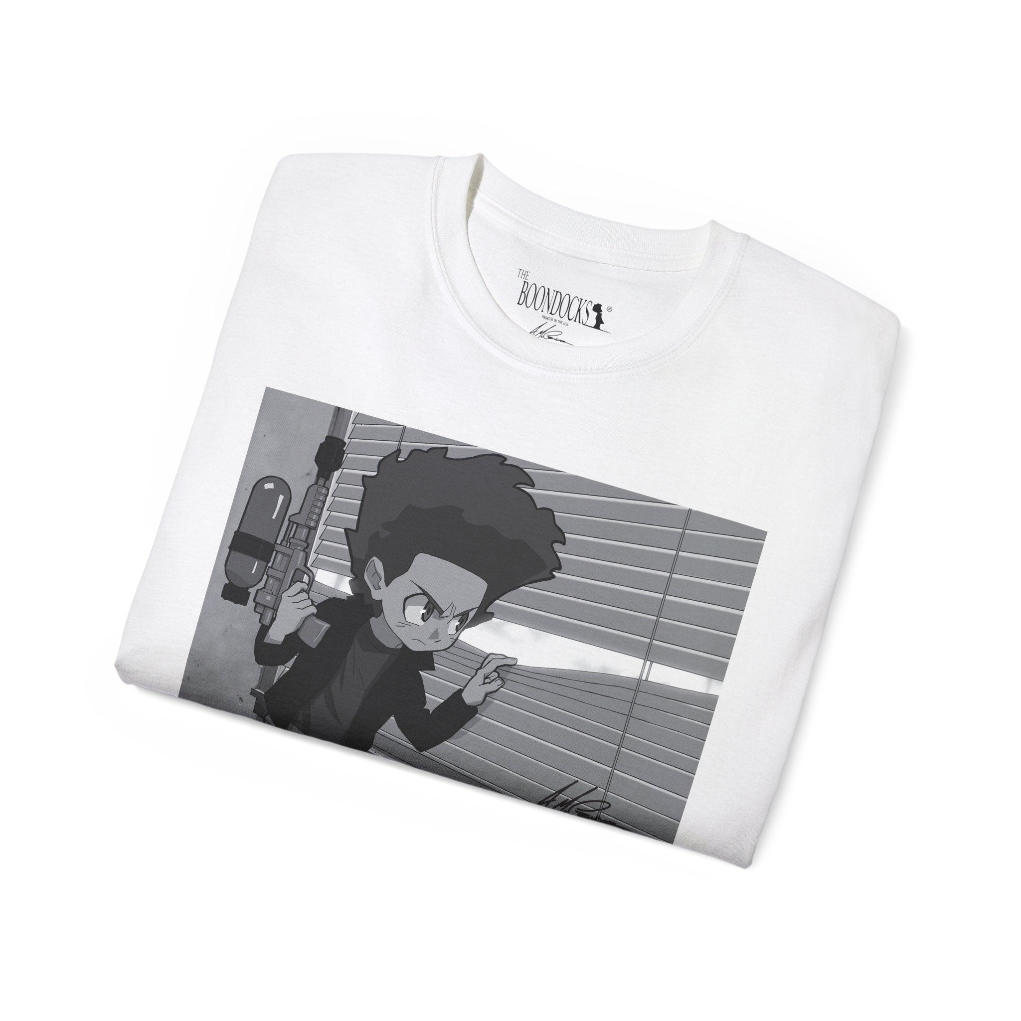 The Boondocks - Camiseta ecológica blanca y negra de Huey Packing Heat