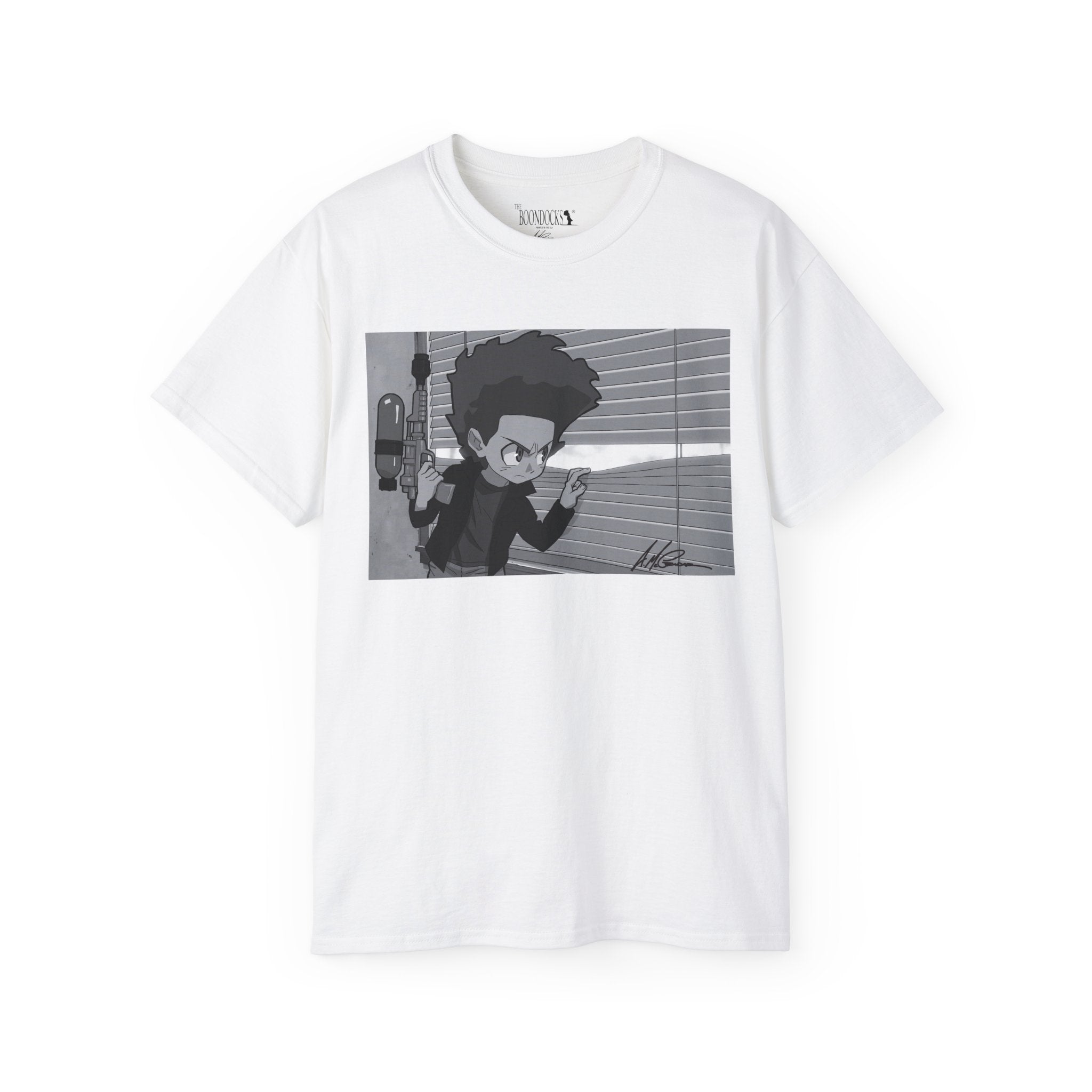 The Boondocks - Camiseta ecológica blanca y negra de Huey Packing Heat