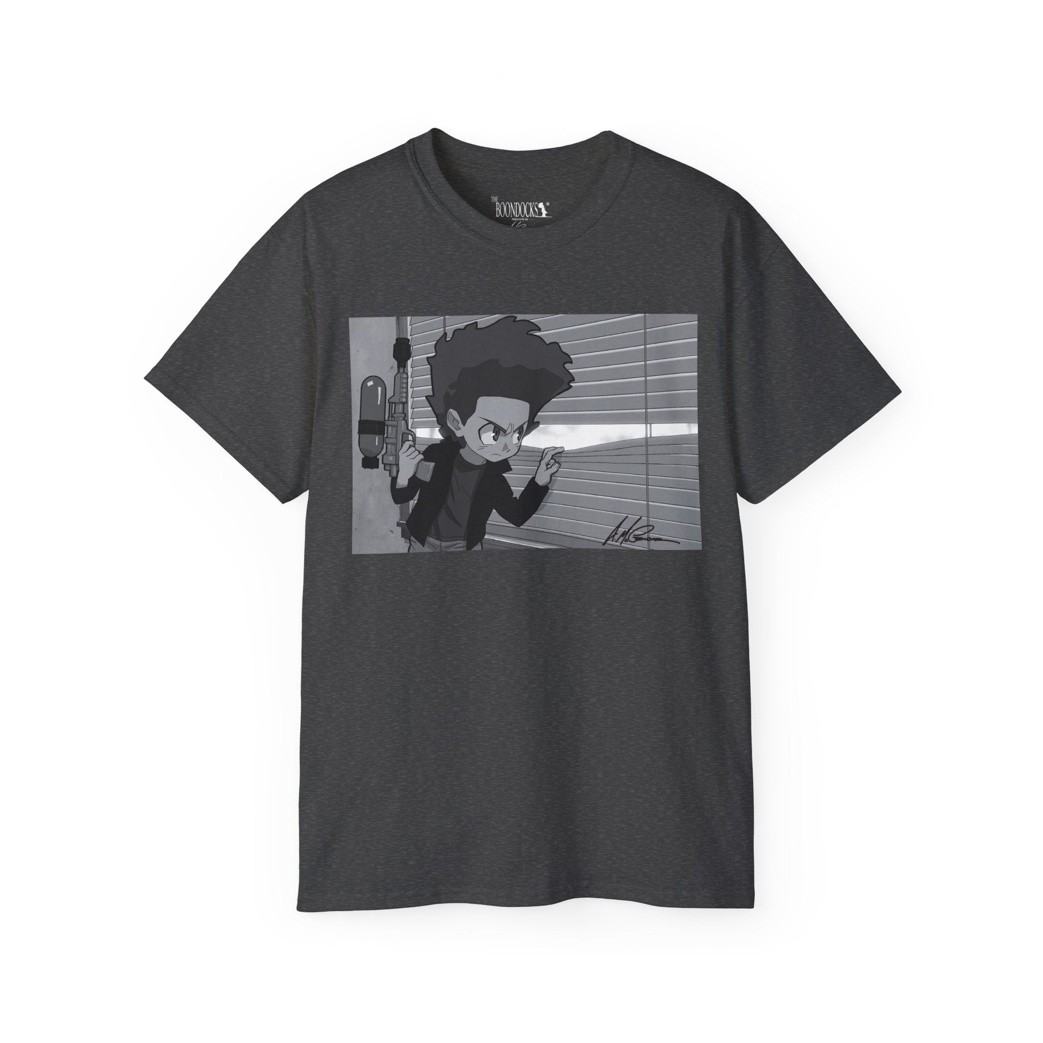 The Boondocks - Camiseta ecológica blanca y negra de Huey Packing Heat