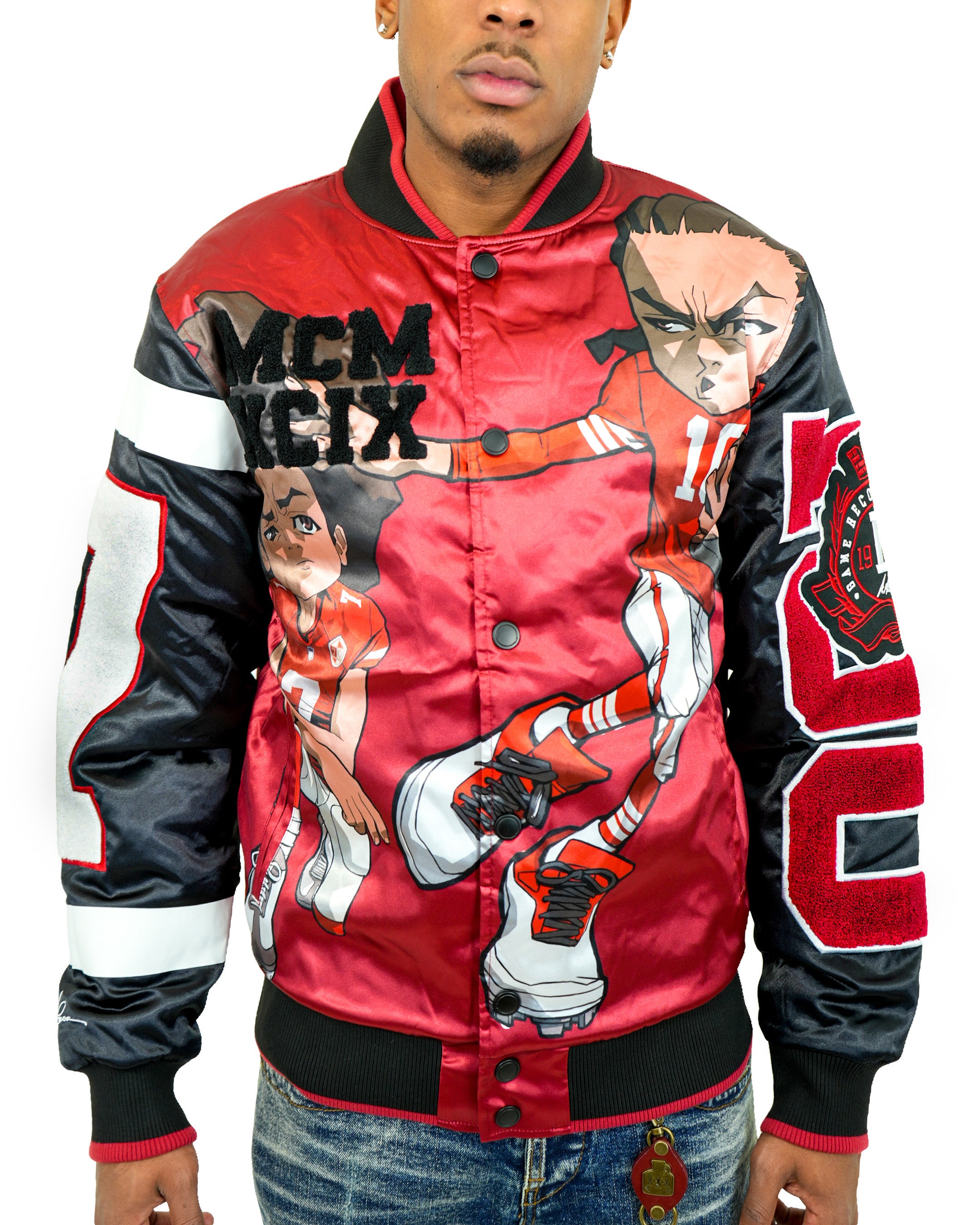 The Boondocks Huey & Riley Football Crimson Satin Varsity Jacket