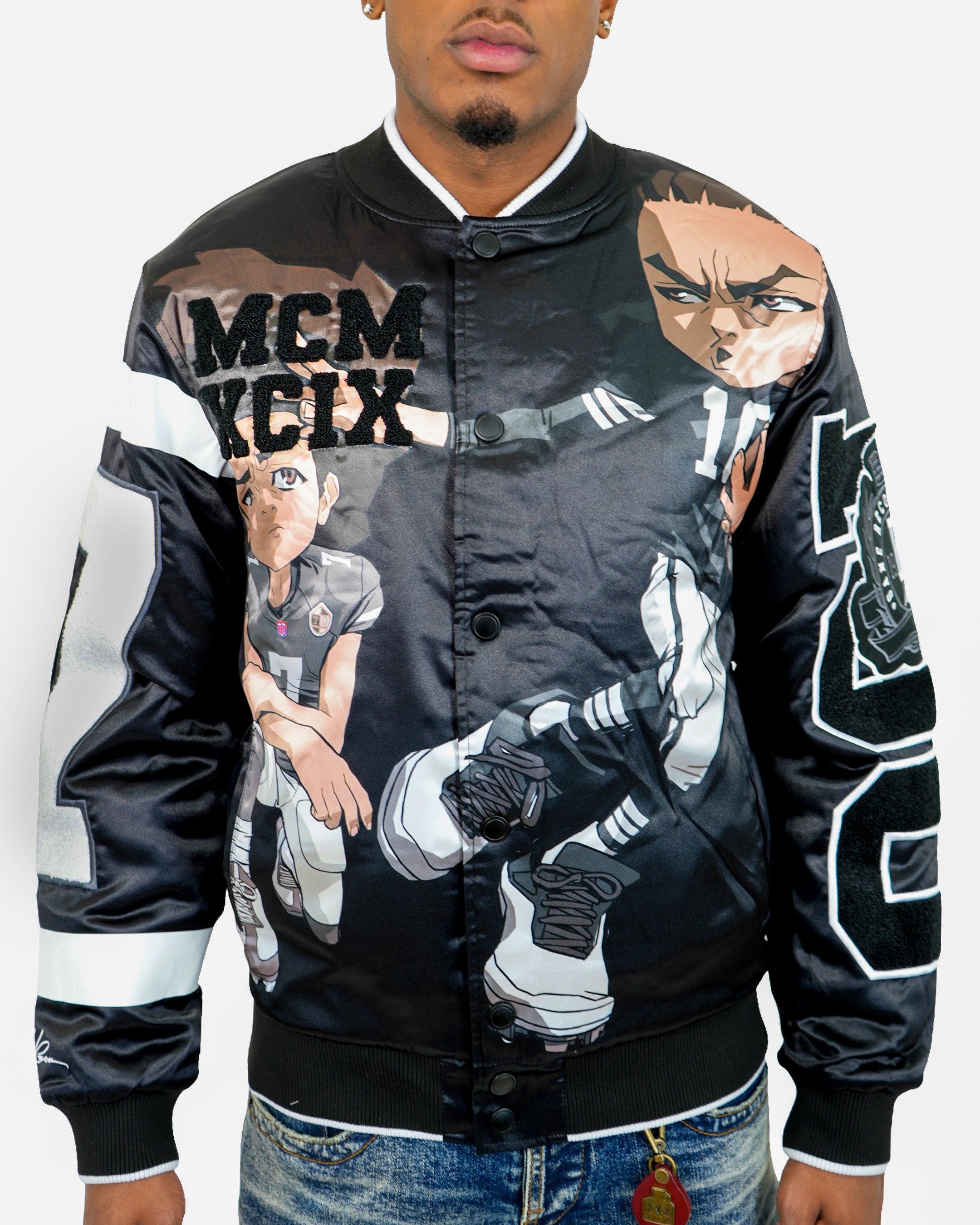 The Boondocks Huey & Riley Football Black Satin Varsity Jacket