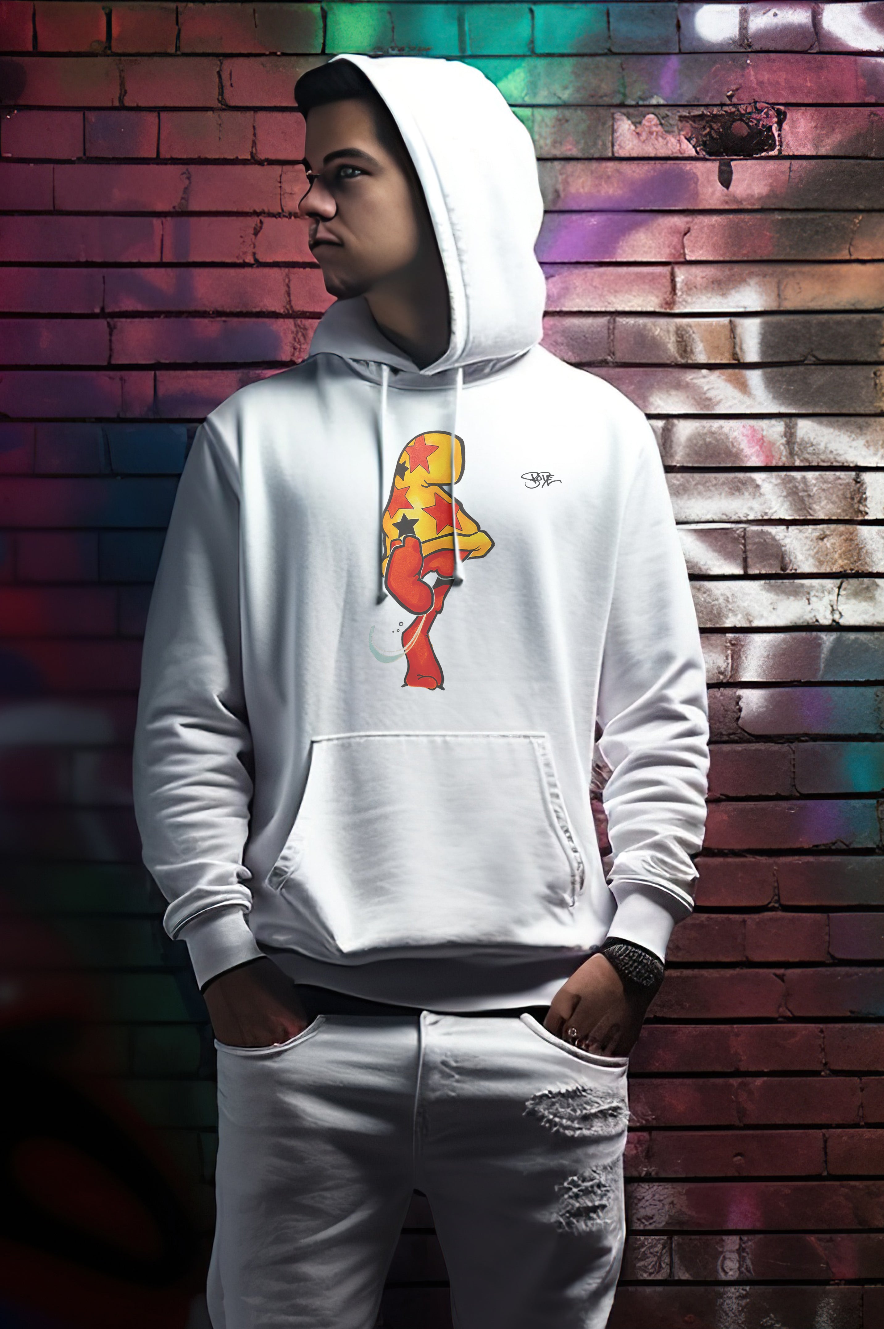 Bode Creed "Classic Cheech Drawing" Sudadera con capucha de dos caras de edición limitada, color blanco