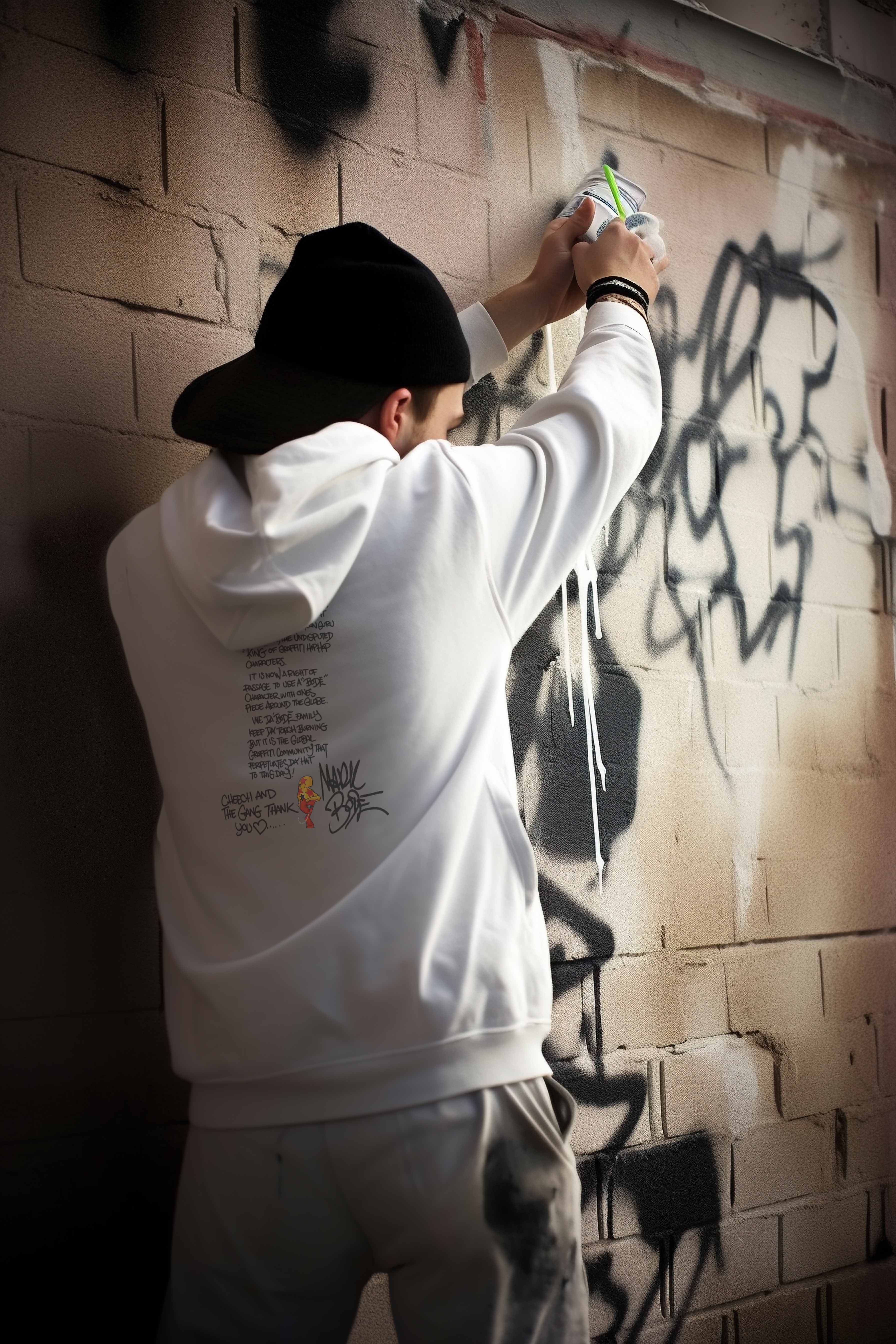 Bode Creed "Classic Cheech Drawing" Sudadera con capucha de dos caras de edición limitada, color blanco