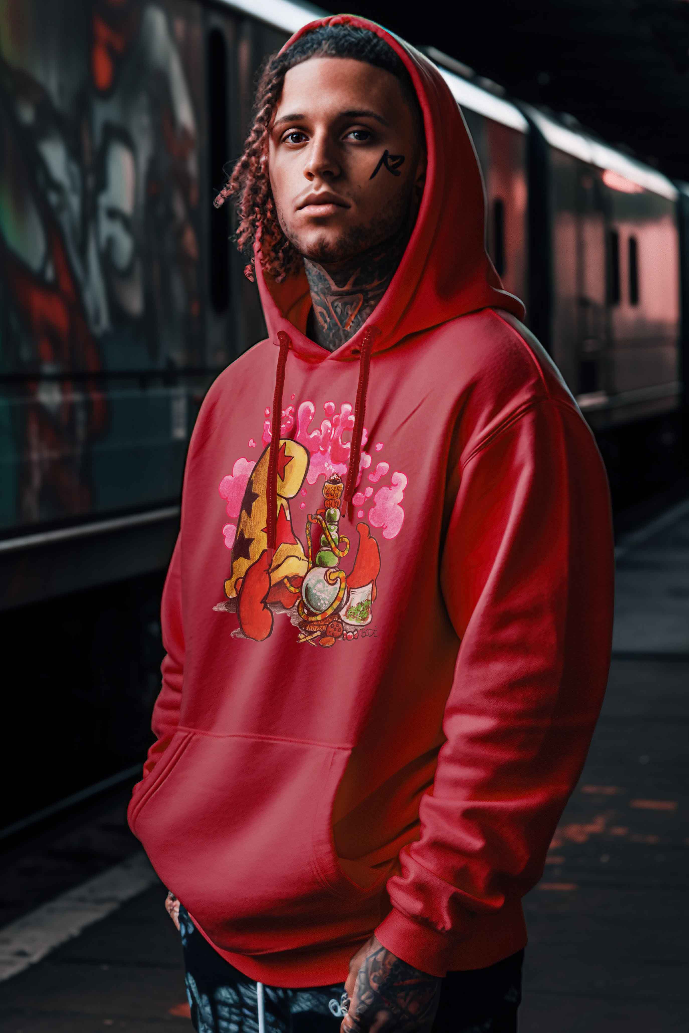 Bode "It's Lit" Cheech Sudadera con capucha roja de mezcla pesada de doble cara de edición limitada