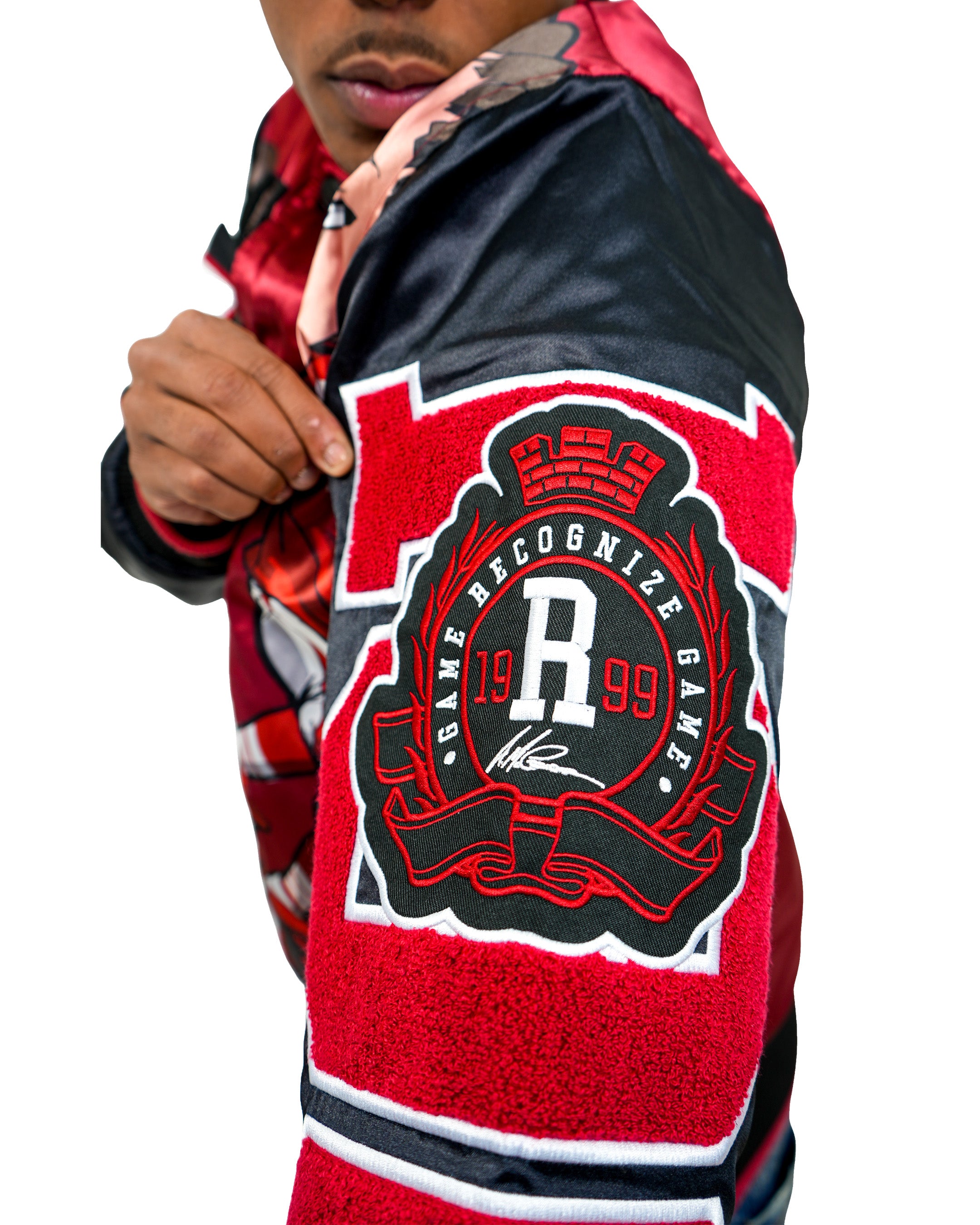 The Boondocks Huey & Riley Football Crimson Satin Varsity Jacket