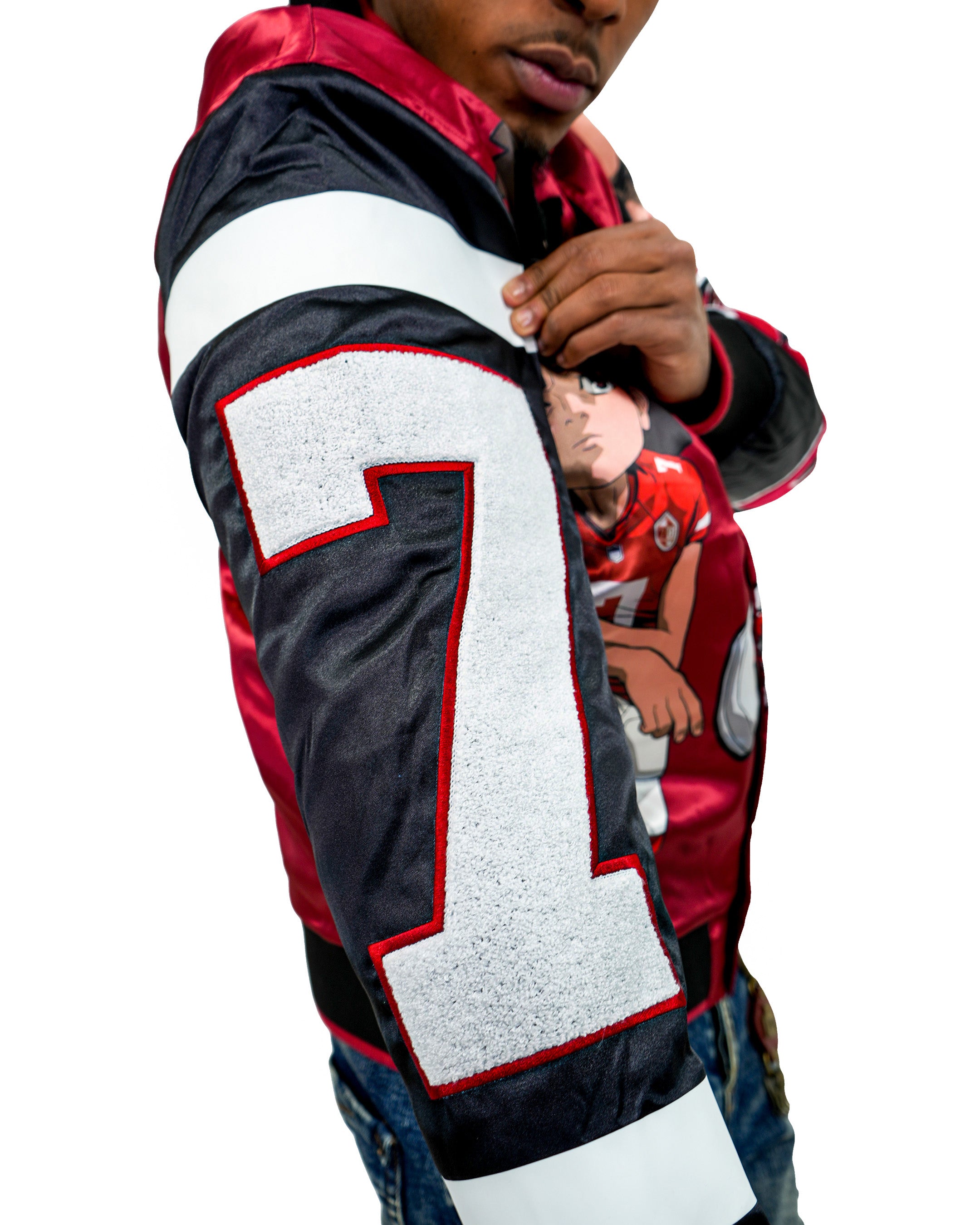The Boondocks Huey & Riley Football Crimson Satin Varsity Jacket