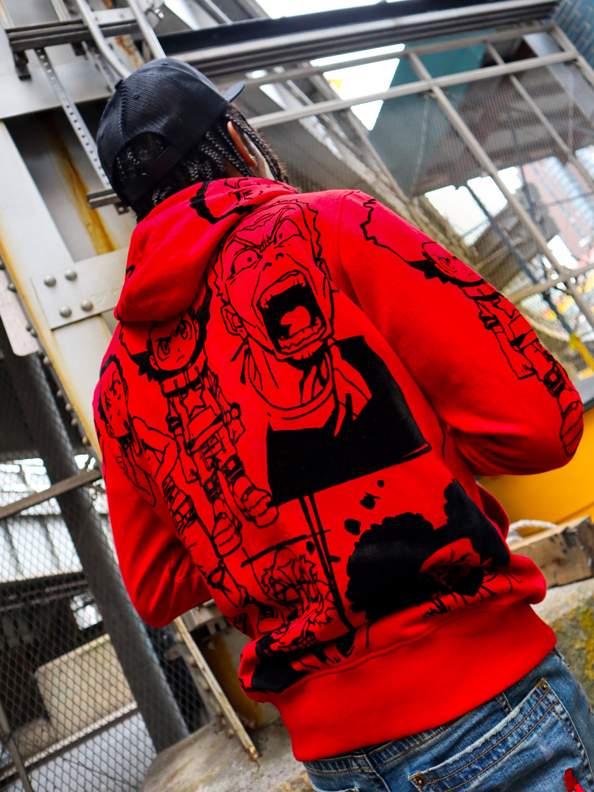 deKryptic x The Boondocks - Sudadera con capucha roja con contorno de ganadores de oro