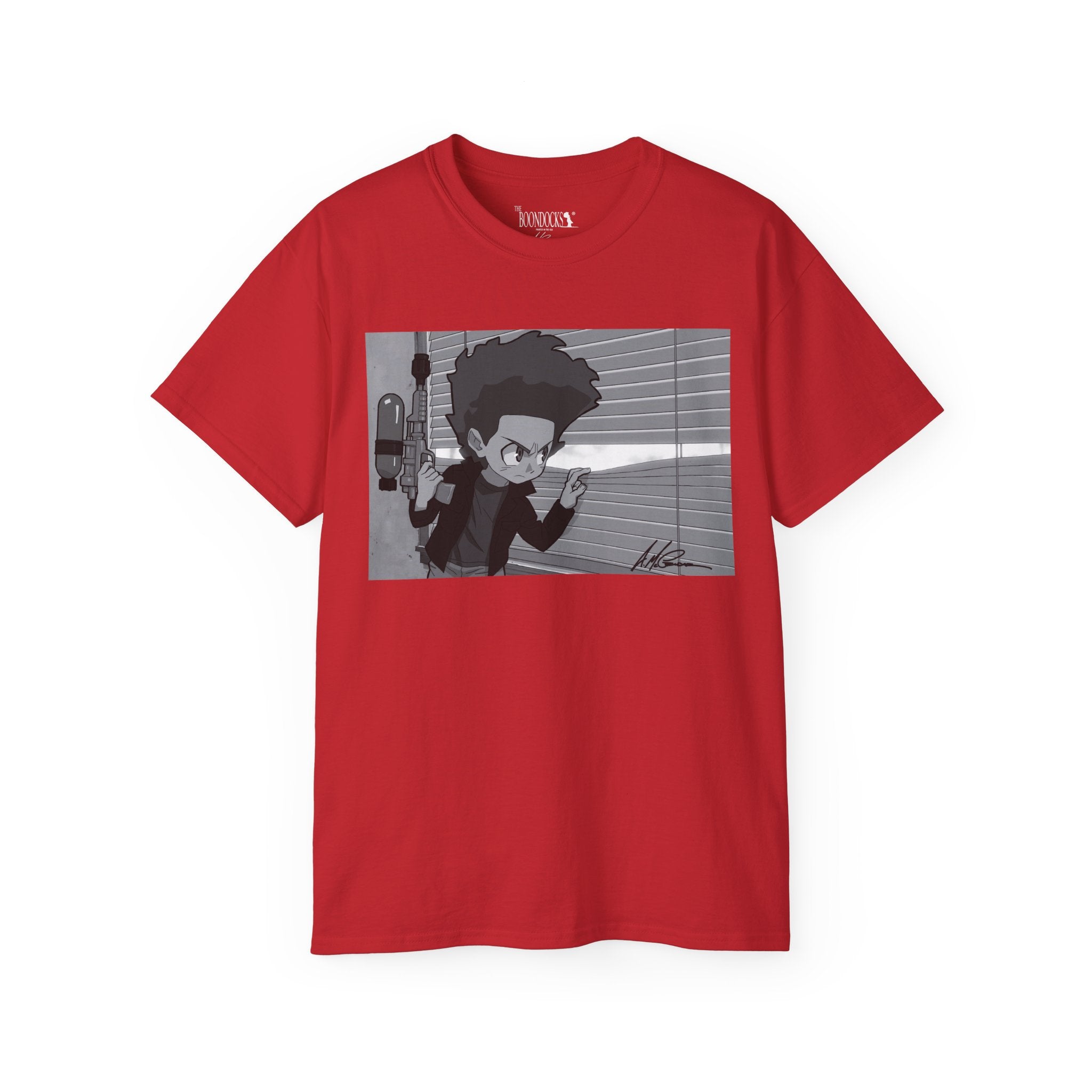 The Boondocks - Camiseta ecológica blanca y negra de Huey Packing Heat