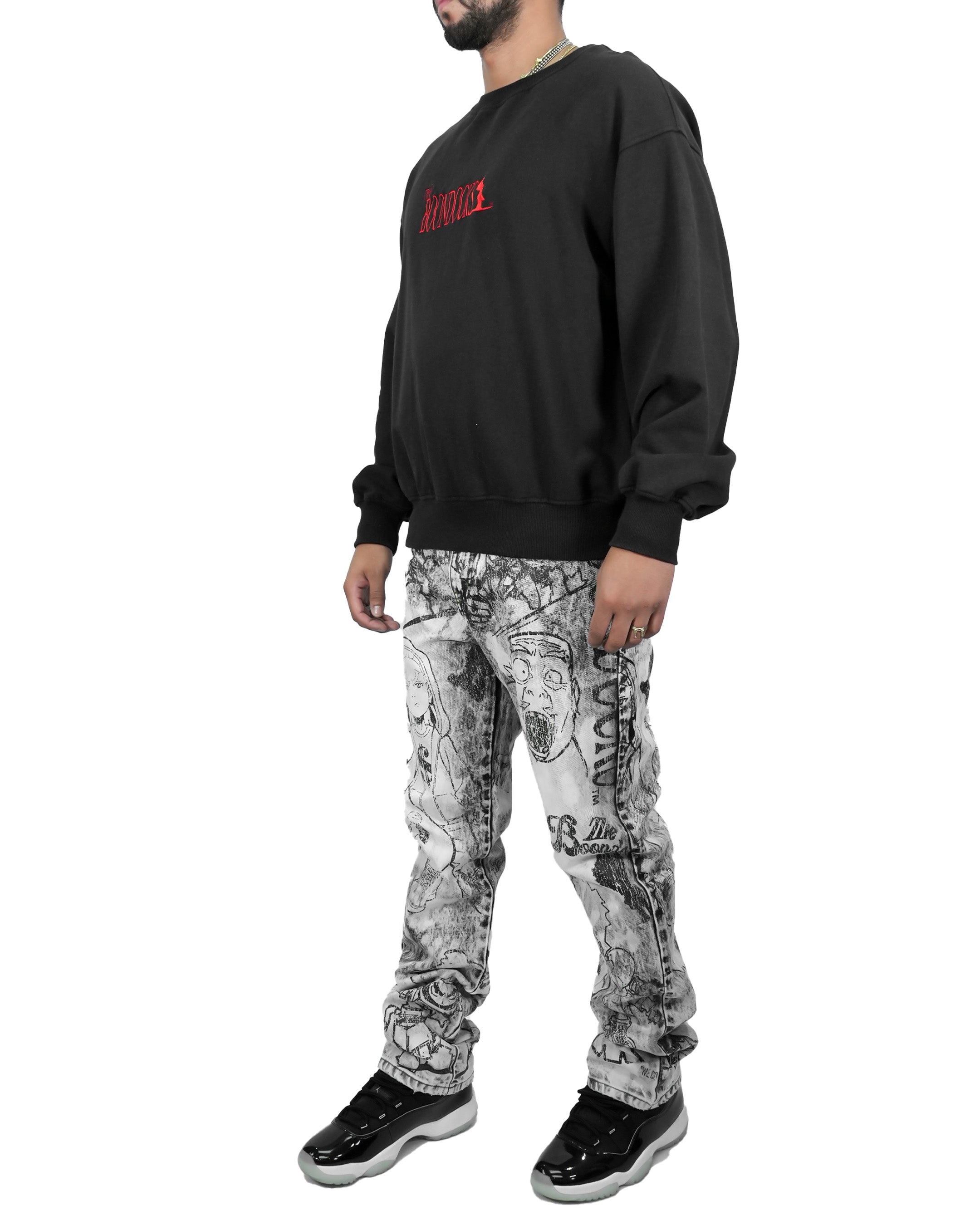 The Boondocks Huey Samurai Warrior Black Acid Wash Crewneck