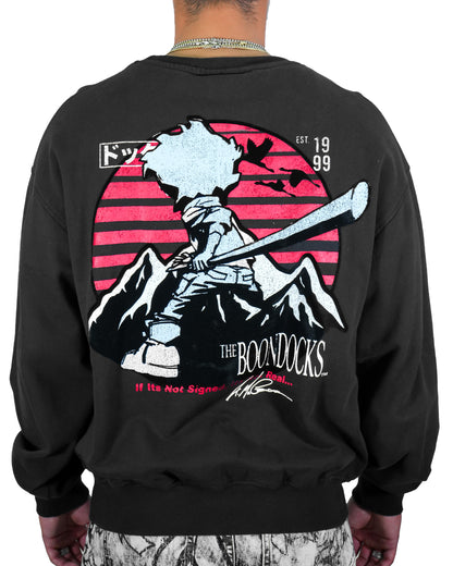 The Boondocks Huey Samurai Warrior Black Acid Wash Crewneck