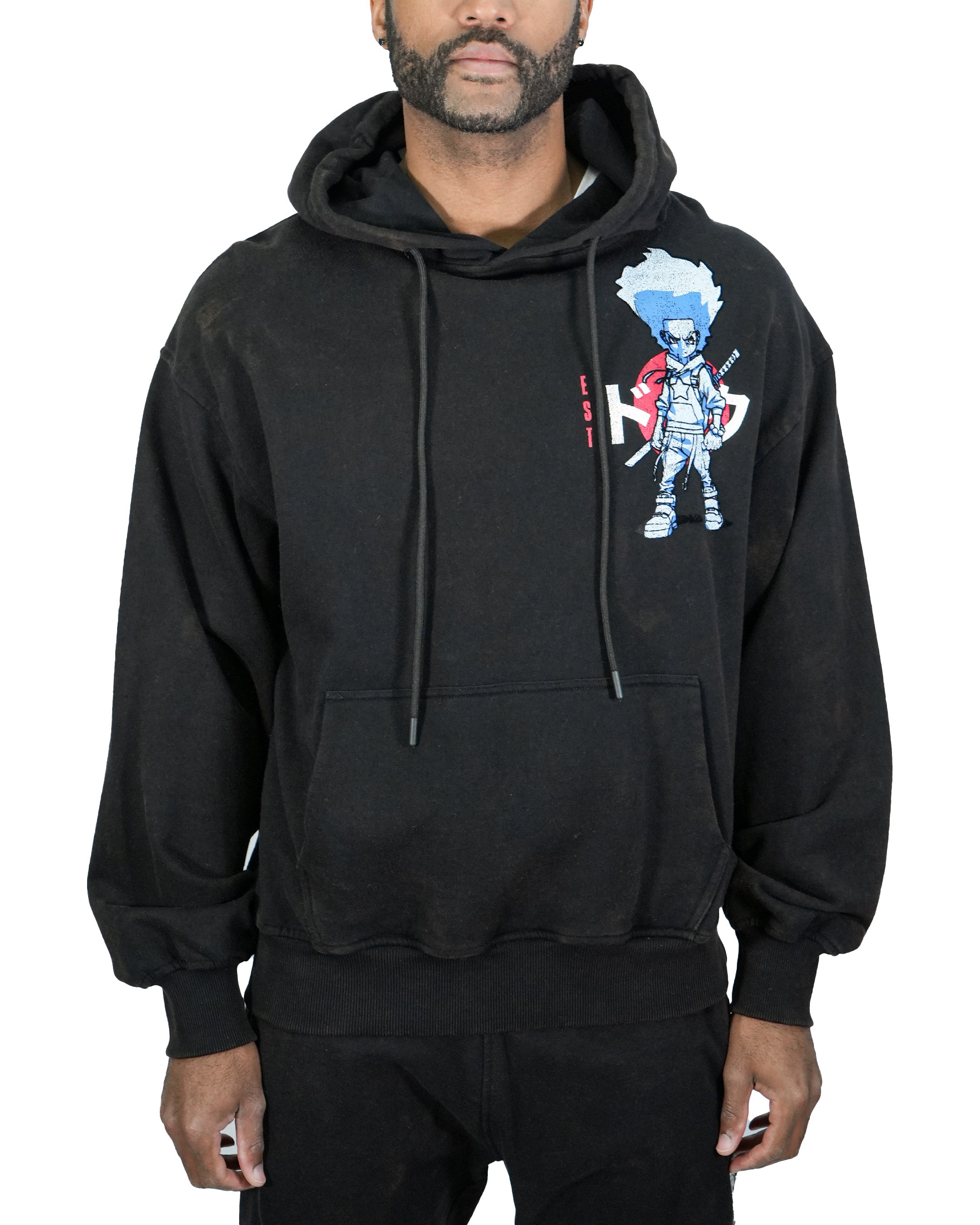 The Boondocks Huey Samurai Warrior Oversized Black Acid Wash Hoodie