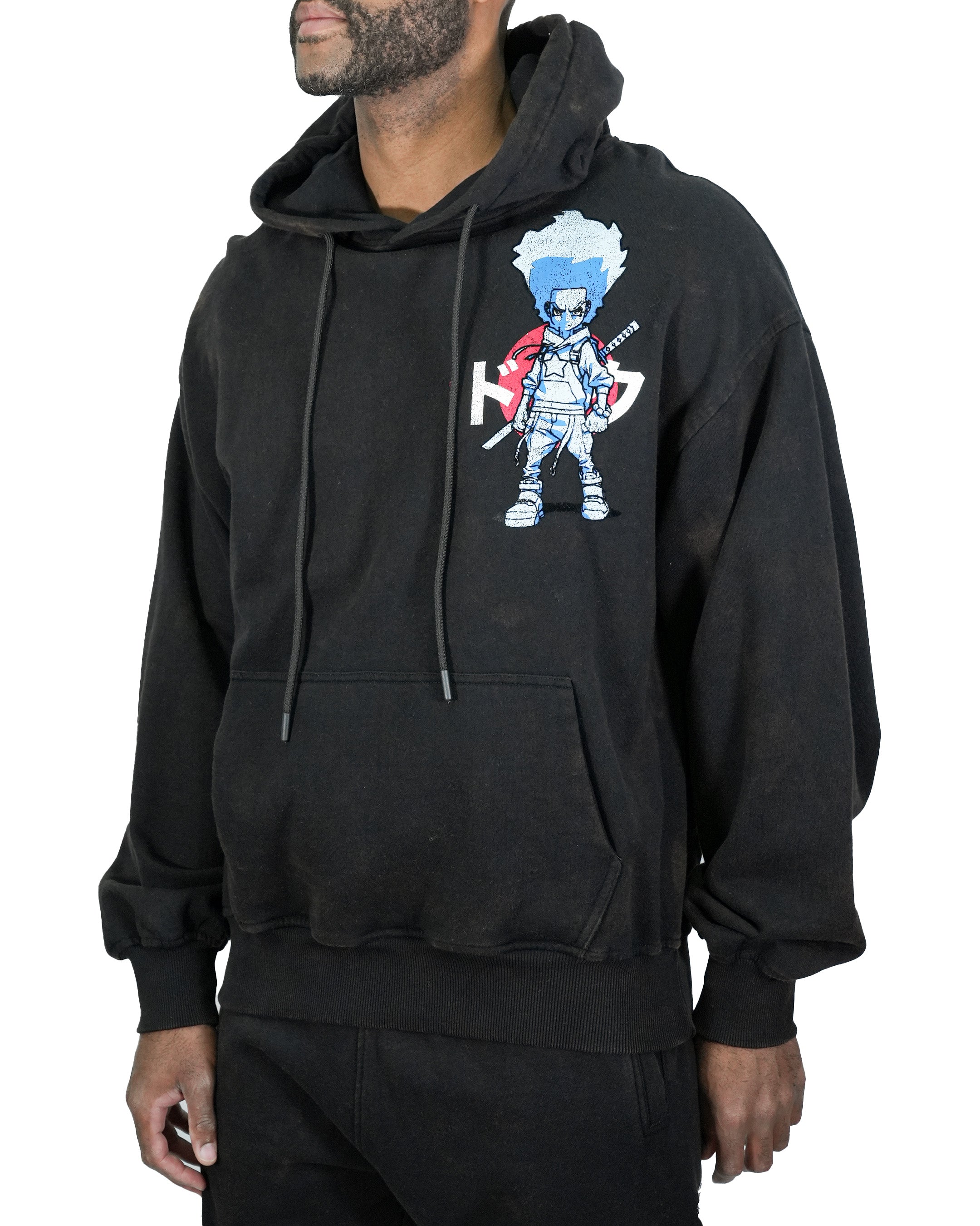 The Boondocks Huey Samurai Warrior Oversized Black Acid Wash Hoodie