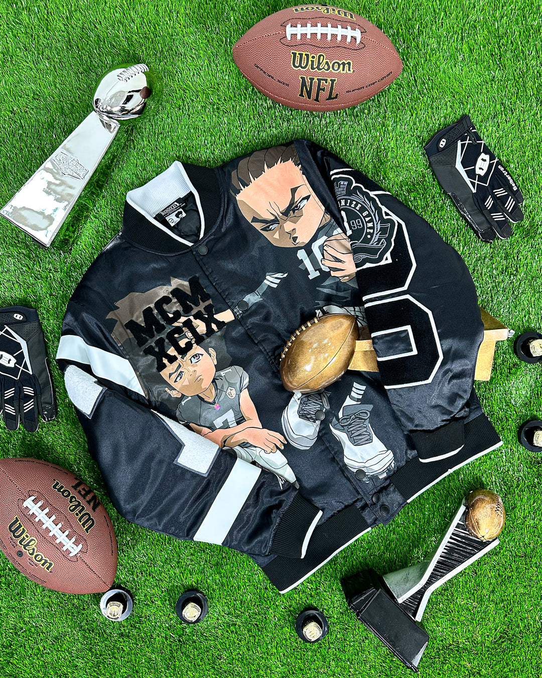 The Boondocks Huey & Riley Football Black Satin Varsity Jacket