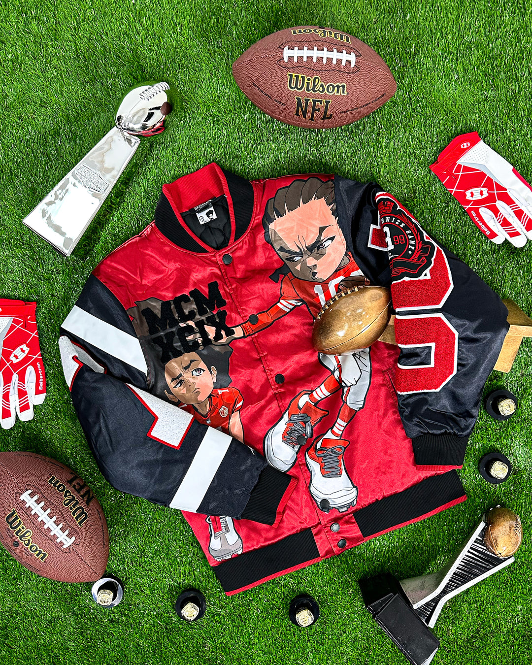 The Boondocks Huey & Riley Football Crimson Satin Varsity Jacket
