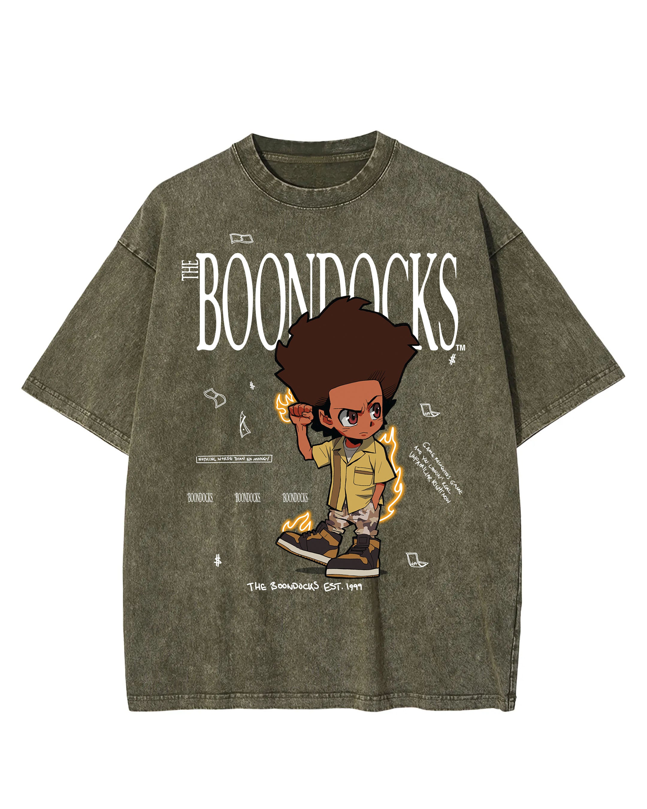 The Boondocks - Huey Khaled Acid Wash Oversize Olive T-Shirt