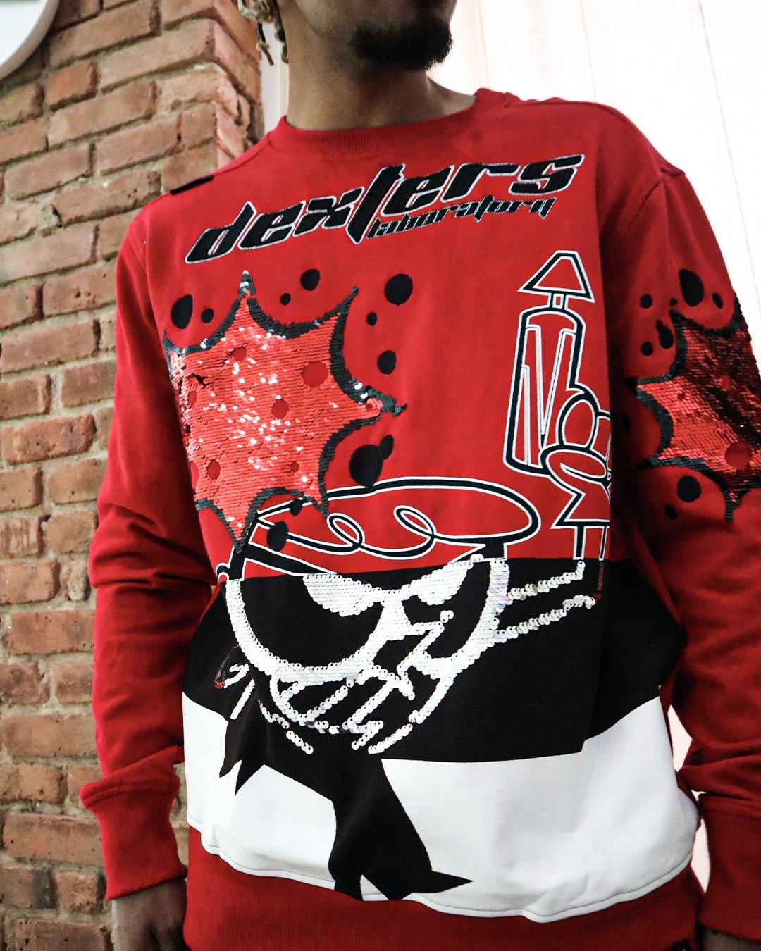 deKryptic x Dexter's Laboratory™ - Blaster Red Sequined Crew Neck - de•Kryptic
